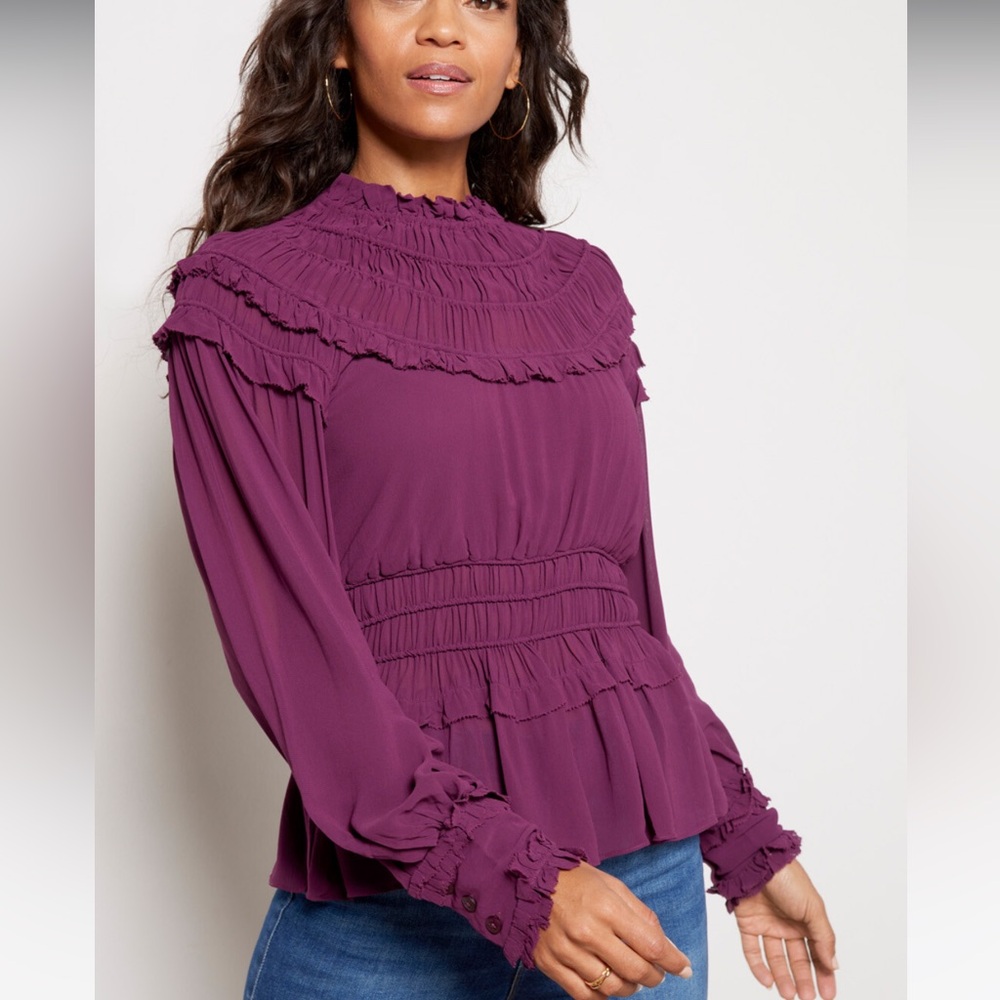 Farm Rio Ruffle High Neck Blouse Burgundy NWOT - Picture 3 of 6